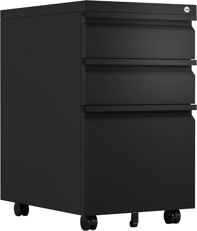 3 Drawer Mobile File Cabinet with Lock Under Desk Metal Filing Cabinet for Legal/Letter/A4 File Installation Required (Black)