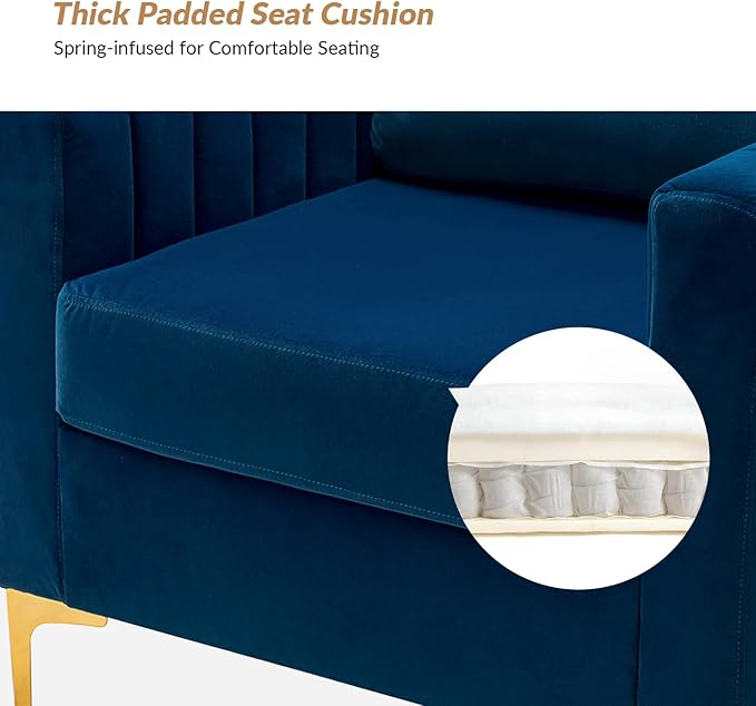 HULALA HOME Velvet Accent Club Chair Modern Velvet Armchair Upholstered Accent Club Sofa Chair with Gold Metal Legs Mid-Century Barrel Leisure Comfy Reading Armchair Navy