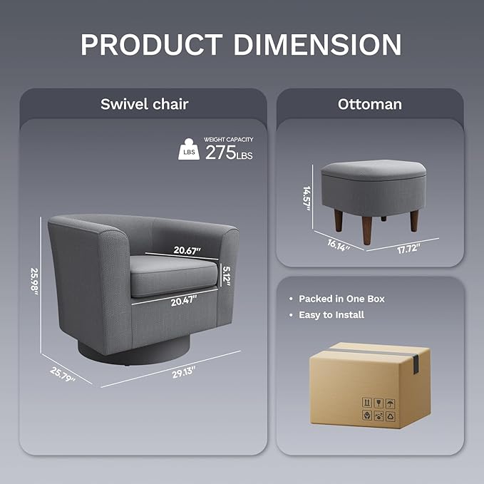 COLAMY Upholstered Swivel Barrel Accent Chair with Ottoman Modern Single Sofa Lounge Armchair Club Chair with Storage Space for Living Room Bedroom OfficeDark Grey
