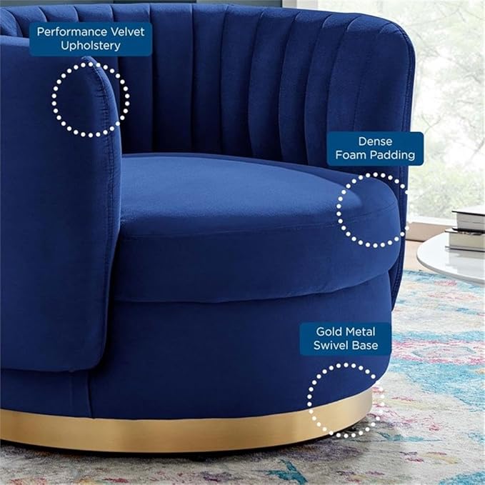 Pemberly Row Tufted Performance Velvet Swivel Chair 25 H x 34 W x 31.5 D Gold Metal Base Navy Velvet Upholstery Dense Foam Padding Modern Glam Accent Chair for Living Room or Home Office
