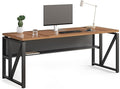 LITTLE TREE 63-Inch Executive Office Desk Large Computer Desk with Storage Shelf Executive Desk with Metal Frame Study Writing Desk Work Station for Home Office Brown + Black