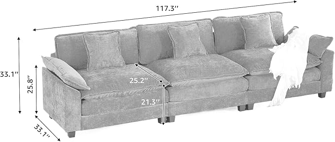 117.3” Black Modular Sectional Sofa 3 Seater Large Sectional Couches for Living Room Chenille Fabric Oversized Cloud Couch with Ottoman Deep Seat Wide Armrest Home Sofas Set Sofá Moderno