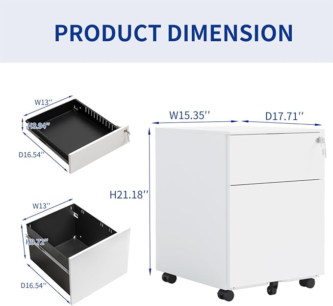 Mobile File Cabinet with Lock 2 Drawer Steel Filing Cabinet for Legal/Letter/A4/F4 Files Fully Assembled Except Wheels Cold-Rolled Metal Full Extension Drawers (White 1-2 Drawers)