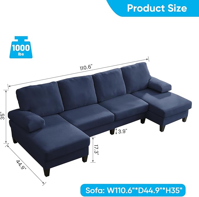 Mjkone 110 Width Sectional Couches with Chaises for Living Room U Shaped Cloud Sofa Couch with Ice Velvet Fabric Minimalist 4 Seater Sofa Set Living Room Sets Furniture for Home Office Blue
