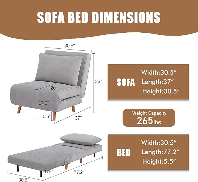 3 in 1 Sleeper Chair Bed Foldable Convertible Chair with Thickened Cushion and Sponge OTE Chenille Fabric Adjustable Backrest Upholstered Accent Chair for Apartment/Bedroom/Office - Light Gray