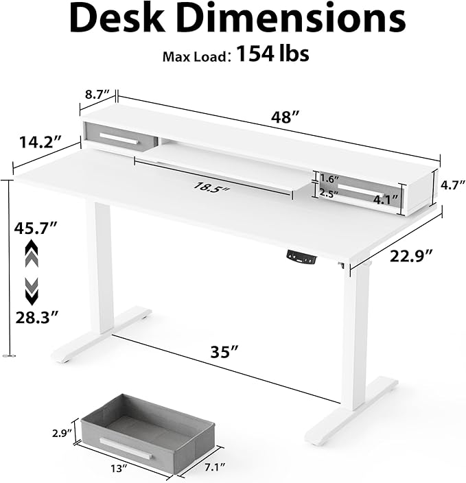 Agilestic 48 Inch Electric Standing Desk with Drawers Adjustable Desk with Storage Shelf Stand Up Home Office Computer Table Splice Board White