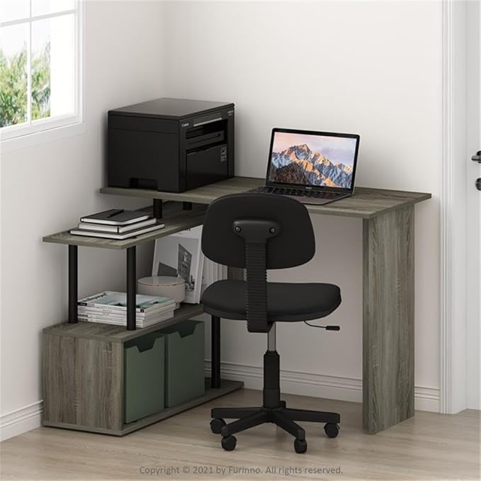 Pemberly Row L-Shape Computer Desk French Oak/Black Finish 3-Tier Shelves Reversible Corner Design Durable Composite Wood Compact for Small Rooms Modern Style Home Office Desk