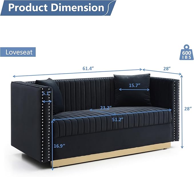 Modern Velvet Loveseat Sofa 61.4 Inch Vertical Channel Tufted Sofa Couch Luxury 2 Seater Couch with Gold Metal Legs for Living Room Bedroom Apartment Black