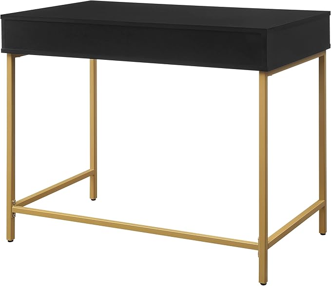 OSP Home Furnishings Modern Life Contemporary Writing Desk with Large Drawer and Gold Metal Legs Black Finish