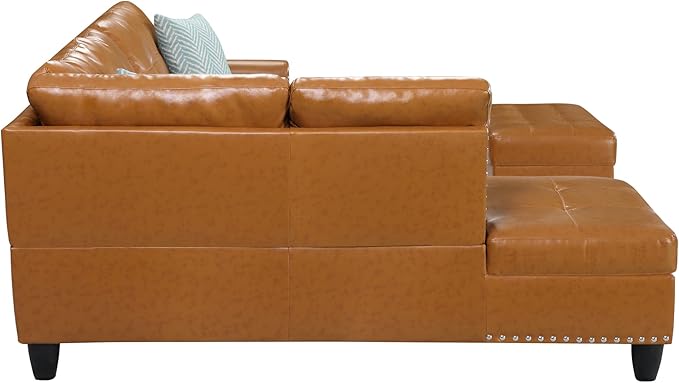 Ball &amp Cast 98 L Shaped Sectional Couch for Living Room with Chaise&ampStorage Ottoman4 Seat Faux Leather Upholstered Modular Sectional Sofa Set 3 PCS W/Cup Holders&ampCoffee Tablefor HomeOf