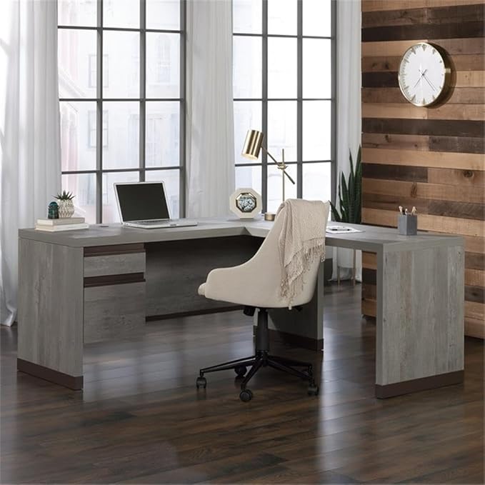 Pemberly Row Modern L-Shaped Engineered Wood Desk Mystic Oak Finish Metal Accents Lockable File Drawer Spacious Home Office Workspace Safety Certified for Durability and Performance