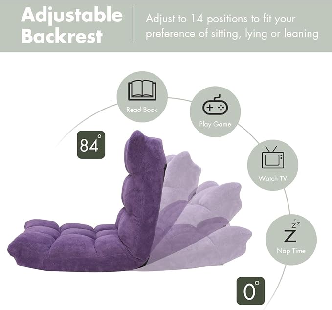 S AFSTAR Cushioned Floor Chair 14-Position Adjustable Padded Lazy Recliner with Comfortable Back Support and Skin-Friendly Cover Great for Reading Playing Game Meditating (Tender Violet)