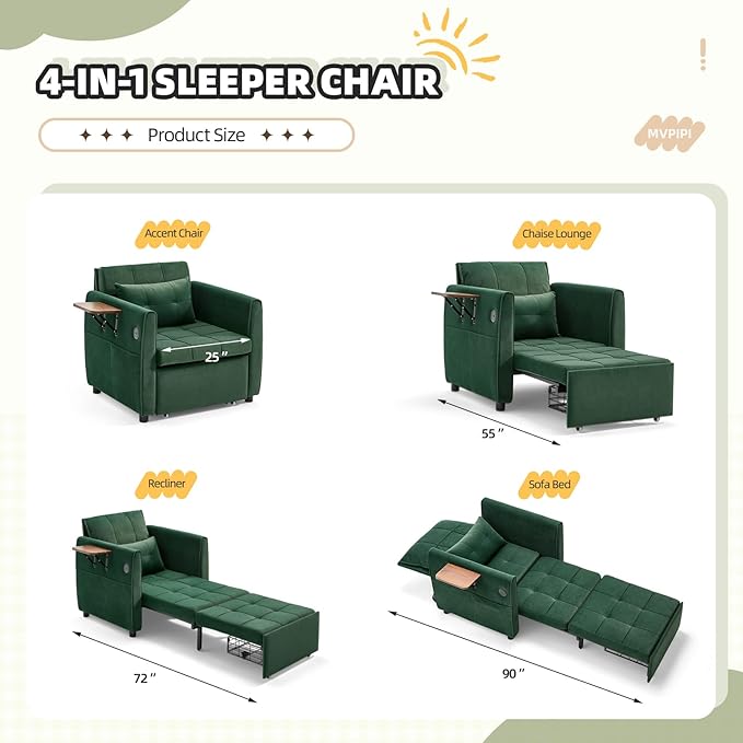 Convertible Sleeper Chair Bed for Adults Pull Out Chair Bed w/USB Port Foldable Table &amp Bottom Storage 4 in 1 Reclining Sleeper Sofa for Dorm/Bedroom Green