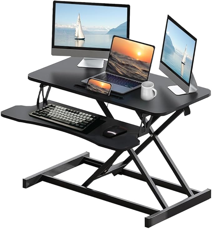 Standing Desk Converter 32 Inch Height Adjustable Sit-Stand Workstation Dual Monitor Riser with Wide Keyboard Tray - Office &amp Home Use Black (Black)
