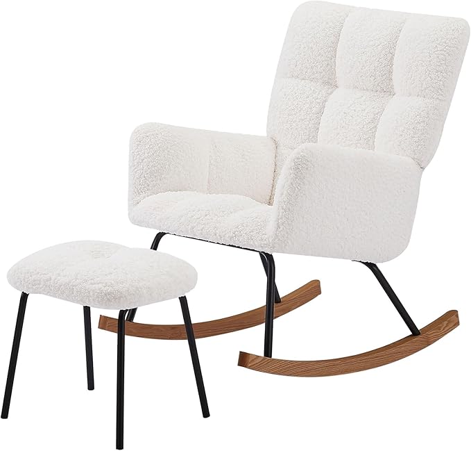 Modern Rocking Chair with High Backrest Armrests Ergonomic Design Lounge Recliner Chair for Living Room Bedroom Playroom White with Soft Seat