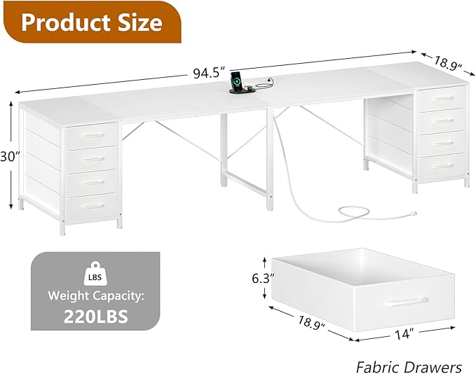 TVU 95 2 Person Desk with 8 Drawers Double Desk for Two People Home Office Desks with Outlets Long Desks Workstation Drawer Organizers with 8 Fabric Drawers White