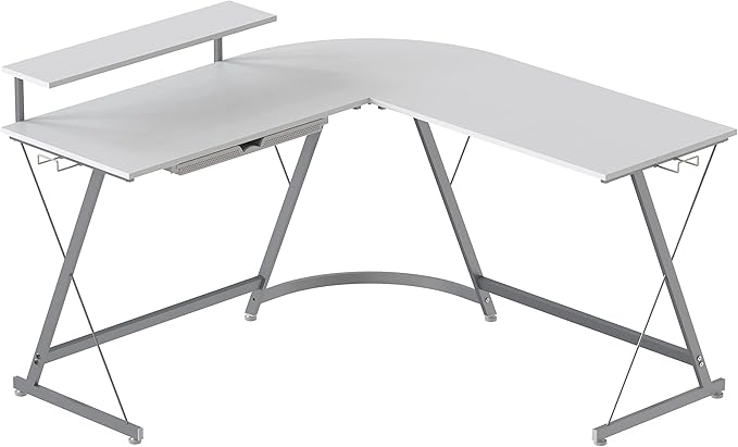 SHW 51 x 51 Inches Vista L-Shaped Desk with Monitor Stand and Drawer White