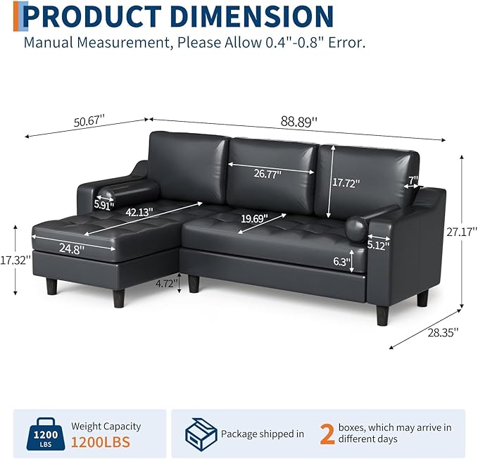 GarveeHome 88.9 L-Shape Couch with Convertible Chaise Sectional Sofa with Deep Seat Modern Mid-Century Leather Sofa for Living Room 3 Seat Comfy Leather Couch Black