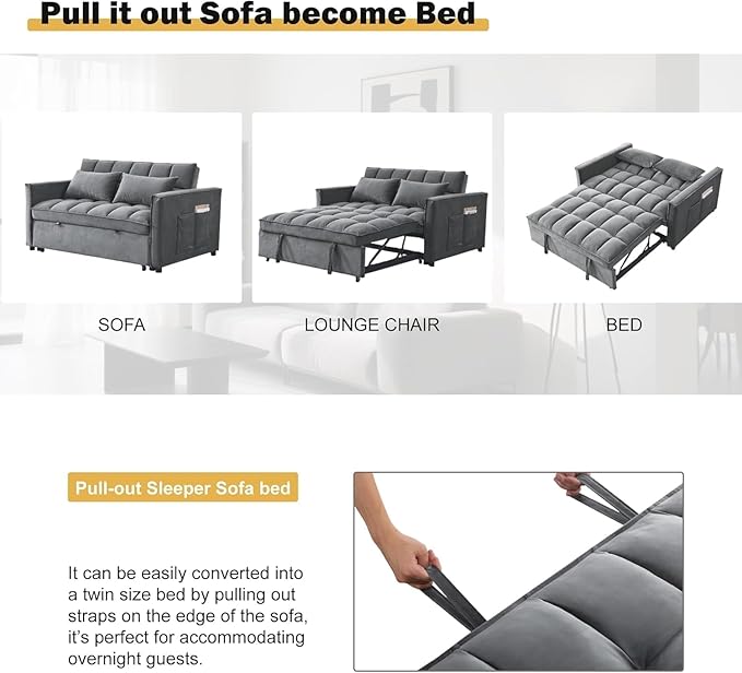 3 in 1 Convertible Sofa Bed Love Seat Sleeper Bed with Side Pockets Velvet Fabric Pull Out Couch with Adjustable Backrest for Living Room Bedroom Apartment Dark Gray