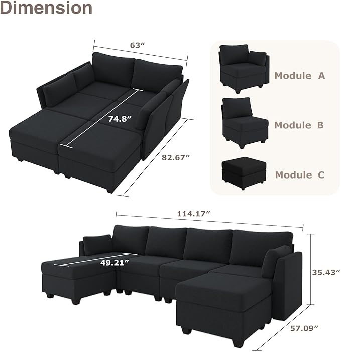 114.17 Modular Sectional Sofa 6 Seat Sectional Couches with Storage Memory Foam Convertible Modular Couch for Living Room U Shaped Comfy Modular Sofa with Chaise Black