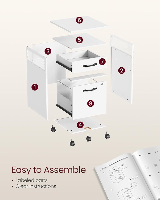 VASAGLE File Cabinet Mobile Filing Cabinet with Wheels 2 Lockable Drawers Open Shelf for A4 Letter Size Hanging File Folders Cloud White UOFC077W14