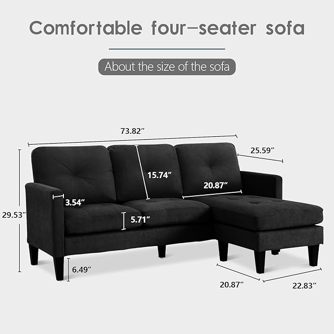 L-Shaped Couch with Reversible ChaiseConvertible Sectional Sofa CouchModular Couch SetLiving Room Furniture SetsCouches for Living Room Apartment and Small Space (Black)