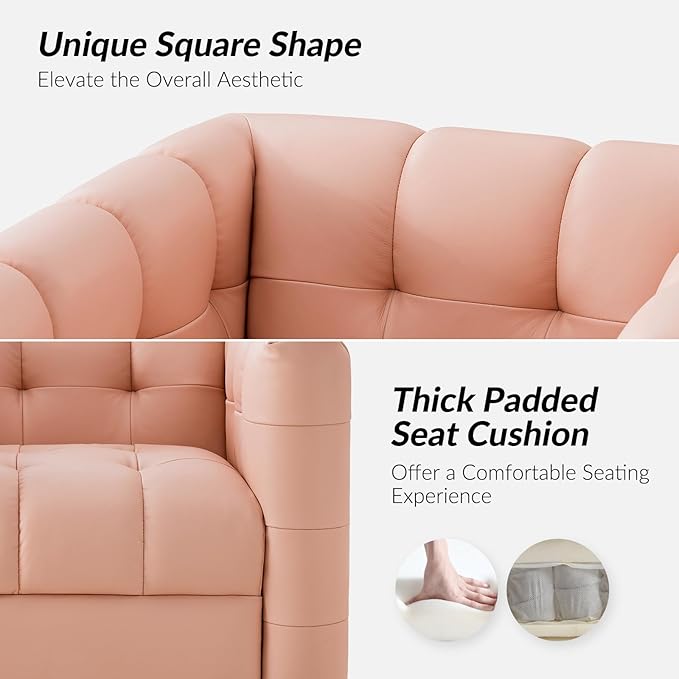 HULALA HOME Genuine Leather Swivel Accent Chair with Wooden Base Mid Century Modern Square Accent Chair for Living Room Bedroom Club Pink