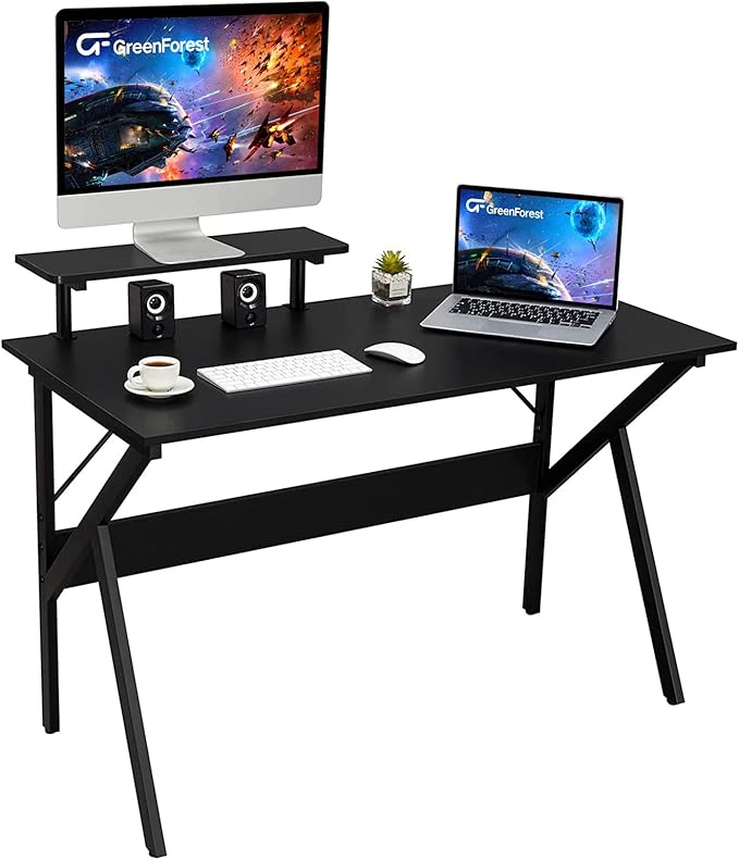 GreenForest Home Office Desk with Monitor Shelf Computer Gaming Desk 47 inch Writing Study Table for Workstation Black
