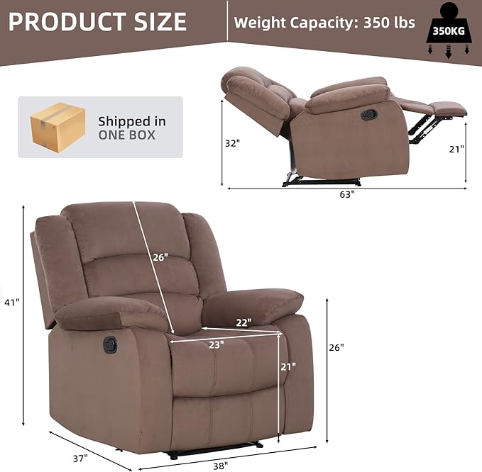 Manual Recliner Chair with Overstuffed Arm and Extra-Padded Back Breathable Fabric Reclining Chair for Adults Single Sofa for Living Room Bedroom (Brown)