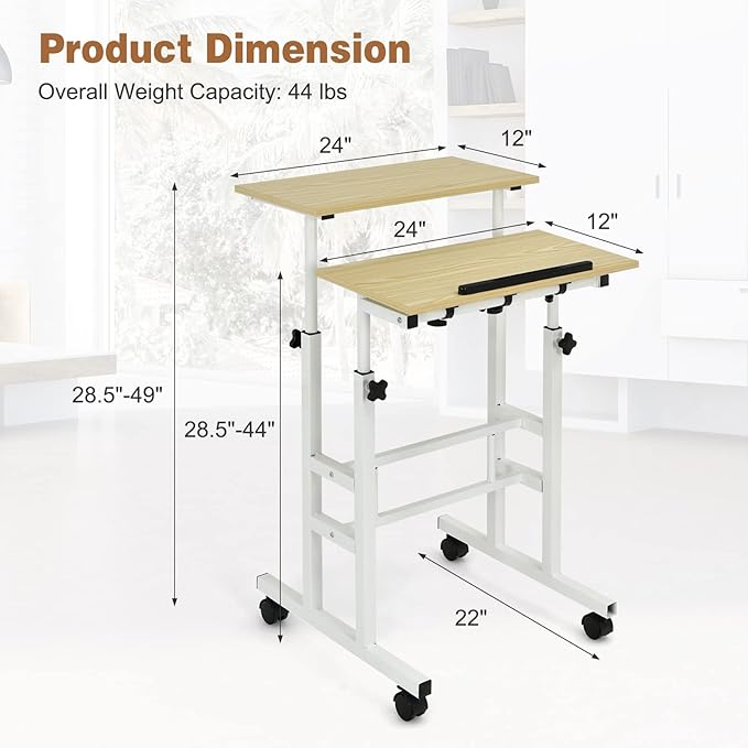 COSTWAY Mobile Standing Desk Height Adjustable Rolling Laptop Cart w/Tilting Desktop for Standing or Sitting Lockable Casters Home Office Computer Workstation for Small Spaces (Natural)