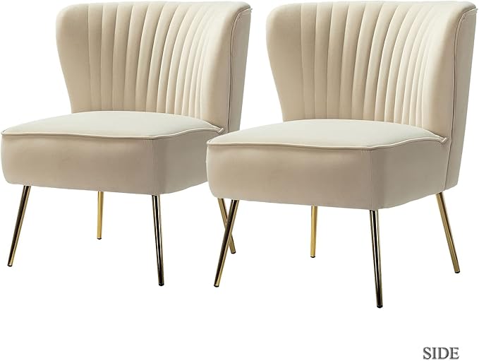 TINA'S HOME Velvet Accent Chair Set of 2 with Metal Golden Legs Upholstered Armless Slipper Chair with Wingback Mid Century Side Chair for Living Room Bedroom Vanity- Ivory