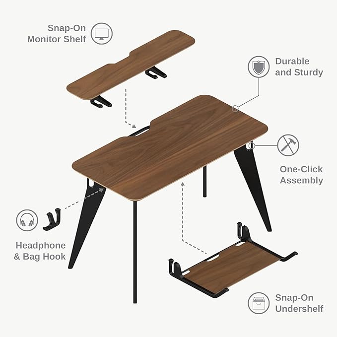 HOEK Desk Bundle Modular Work from Home Desk with Monitor Shelf Under Shelf Side Hook and Wall Cleat Compact 47.5 x 23 Durable Laminate Surface Easy Tool-Free Assembly (Birch/Black)