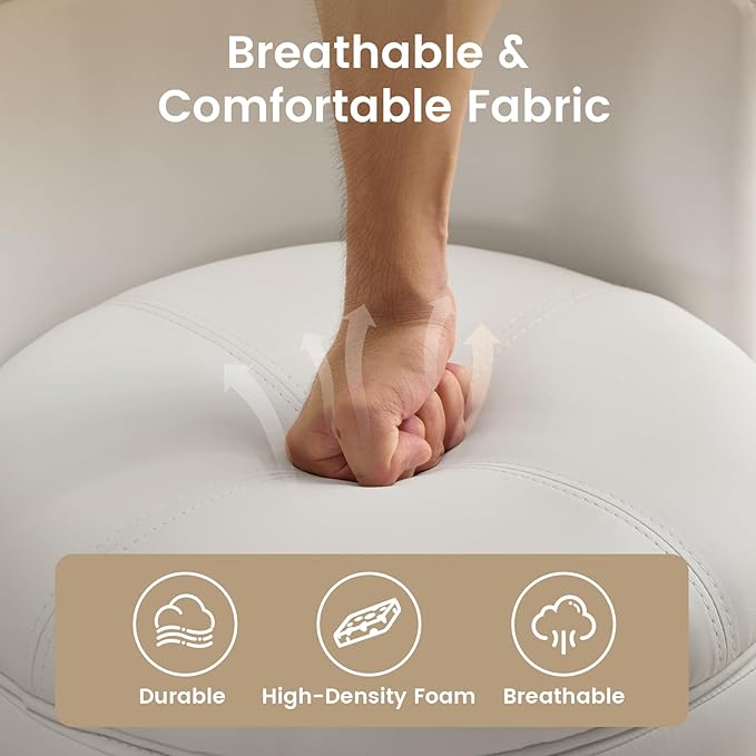 360° Swivel Vanity Chair with Storage PU Leather Round Storage Ottoman with Pillows No Assembly Modern Comfy Makeup Stool for Bedroom Dressing Living Room (White)