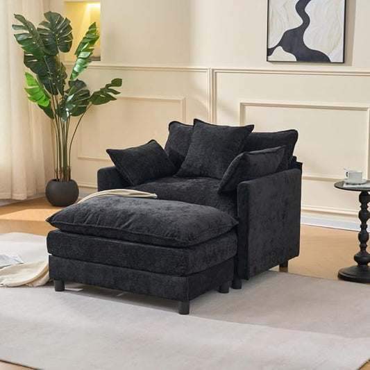39.4 Modern Accent Chair with Ottoman Living Room Club Chair Chenille Upholstered Armchair Reading Chair for Bedroom (Black + Fabric + Plastic + Steel + Wood + 1 Seat + Foam)