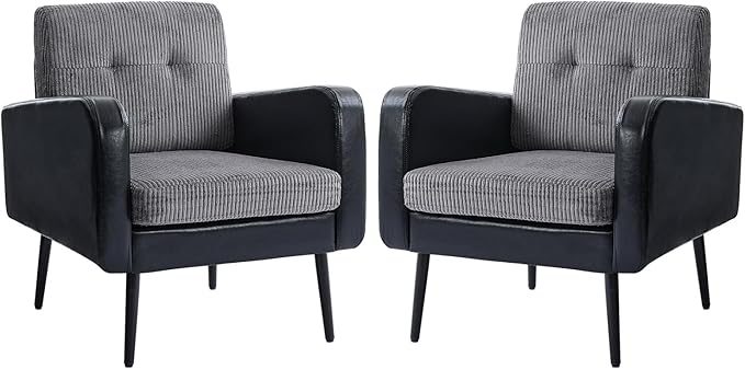 Comfy Accent Chair for Living Room Chairs Mid Century Modern Reading Chair Accent Chairs Set of 2 with Metal LegsUpholstered Arm Chair for Bedroom Office Waiting Room (Black &amp Grey2)