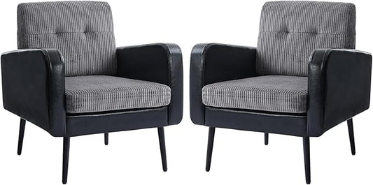 Comfy Accent Chair for Living Room Chairs Mid Century Modern Reading Chair Accent Chairs Set of 2 with Metal LegsUpholstered Arm Chair for Bedroom Office Waiting Room (Black &amp Grey2)