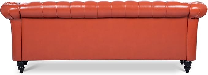 Ball &amp Cast 84 Chesterfield Leather Sofa with Channel Tufted Seat BackClassic 3 Seater Couch w/Roll Arm Nailhead Trim and UpholsteredMid Century Furniture for Living RoomBedroomOfficeOrange
