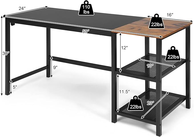 COSTWAY 59” Computer Desk with 2 Removable Storage Shelves Industrial Writing Workstation with Headphone Hook for Home Office Gaming Desk (Black)