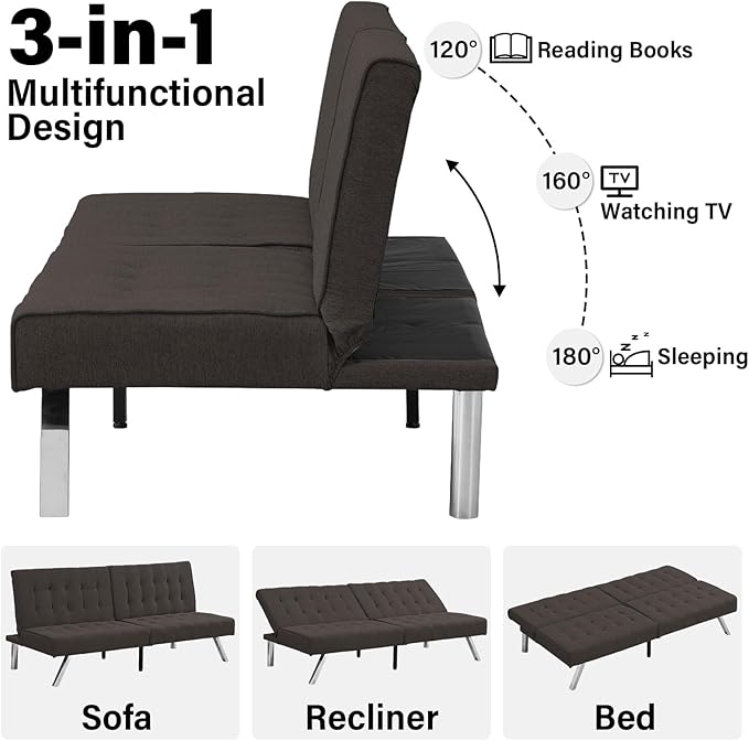 Convertible Sofa Bed Adjustable Couch Sleeper - Fabric Loveseat Futon Bed with Breathable Chenille Metal Legs and Adjustable Lounge - Perfect for Compact Living Space