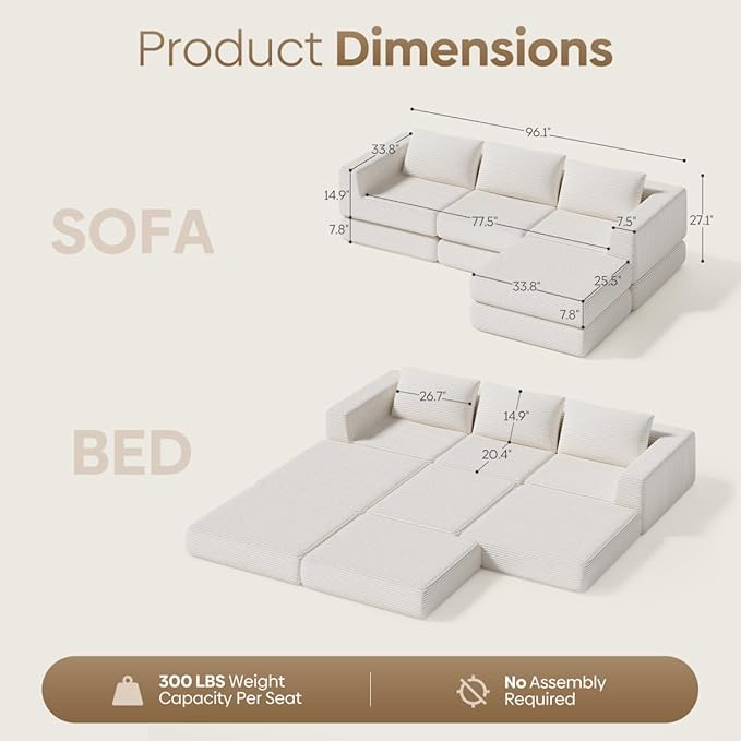 L-Shaped Corduroy Modular Sectional Couch Modern Floor Couch Sofa for Apartment Living Room Convertible Sleeper Sofa Bed with 3 Pillows No Assembly Required Beige