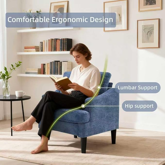Mid-Century Modern Accent ChairBlue Armchair Comfy Living Room ChairsSofa Chair for Bedroom Apartment Studio Waiting Room Ideal as Readingchair with Plastic Legs