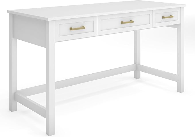 Martha Stewart Hutton Shaker Style Home Office Desk with 3 Drawers in White with Polished Brass Hardware