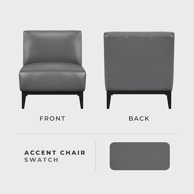 Lexicon Modern Living Room Leather Accent Chair Luxury Genuine 100% Top Grain Leather Upholstered Armless Chair Comfortable Seat Black Solid Wood Legs for Bedroom/Office Easy Assembly Dark Gray