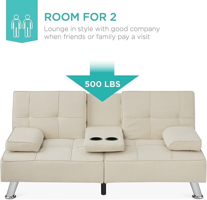 Best Choice Products Linen Modern Folding Futon Reclining Sofa Bed for Apartment Dorm w/Removable Armrests 2 Cupholders - Ivory