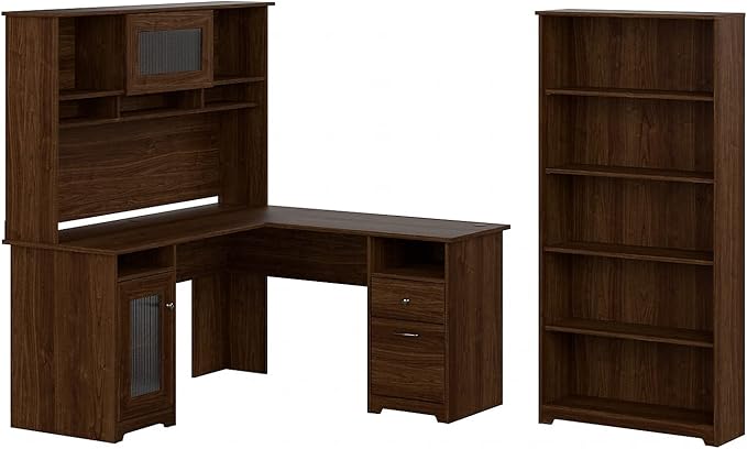 Bush Furniture Cabot 60W L Shaped Computer Desk with Hutch and 5 Shelf Bookcase in Modern Walnut