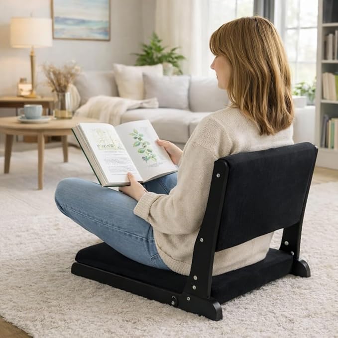 HollyHOME Foldable Tatami Chair Upholstered Japanese Style Floor Seat Wood Legless Back Rest With Cushion Accent Meditation for Bay Window Living Room Bedroom Black