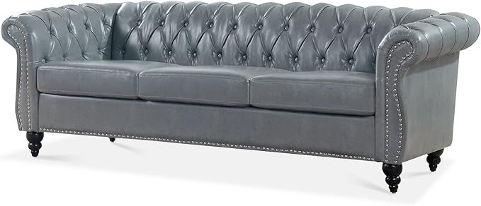 84.6” Chesterfield Leather Sofa 3 Seater Couch with Nailhead &amp Rolled Arm with Extra Deep Seats Mid Century Large Sofa with Classic Tufted Back Modern Faux Couch for Living Room Office Apartmen