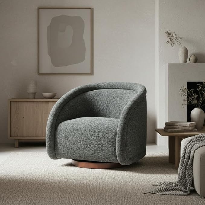 Scott Living Sabbo Green Bouclé Swivel Chair with Walnut-Finished Solid Wood Base Comfy Swivel Accent Chair Upholstered Lounge Sofa Chair for Living Room/Bedroom Gray Green + Walnut