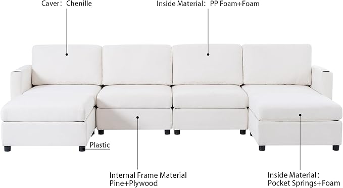 123 Large Modular Sectional SofaModern U-Shaped Sectional couch with Storage6-Seater Deep Seat Chenille Fabric Sofa for Living Room L-Shape Convertible with Movable Ottoman &amp Cup Holders (Whit
