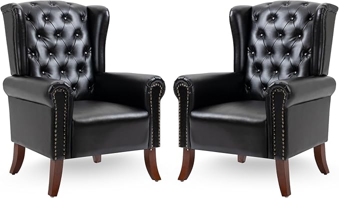 Modern Accent Chair Set of 2 Mid-Century Upholstered Wingback Armchair Club Sofa Chair with Wooden Legs Living Room Chair for Bedroom Balcony Lounge (Blue Check)